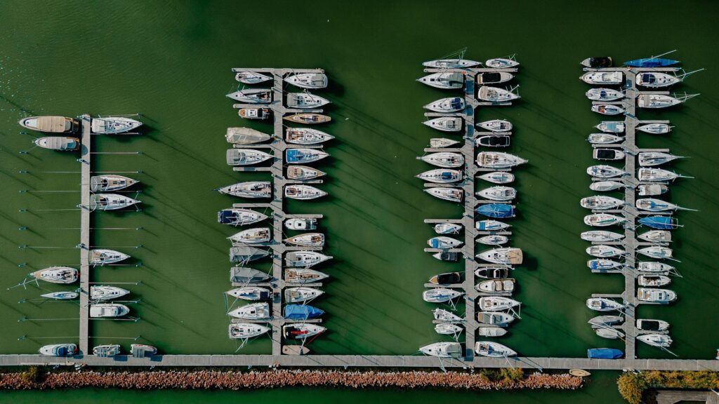 Aerial view of a yacht port with luxury boats docked