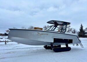 Iguana Yachts luxury amphibious yacht with sleek design on the water, showcasing innovative technology.
